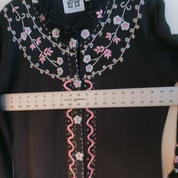 Storybook Knits LRG Long Black Cardigan Sweater Embellished Pink, Silver, Black - Picture 12 of 16